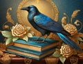 a central, intensely detailed raven in a rich blue-black hue perched atop a stack of leather-bound books - generated by ai