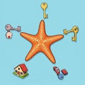 A central orange starfish (Asteroidea) is surrounded by cartoon-style objects on a Royalty Free Stock Photo