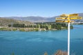 Central Otago town of Cromwell on bend in turquoise Clutha and Kawarau Rivers in Central Otago New Zealand