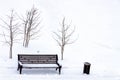 Central park bench white covered snow and trees with copy space snow background Royalty Free Stock Photo