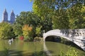 Central Park in foliage autumn colors, including the lake, boats and bridge in New York City Royalty Free Stock Photo