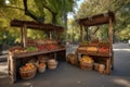 central park food stand, with wooden sign and baskets of freshly picked fruits