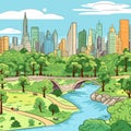 Central Park. Central Park hand-drawn comic illustration. Vector doodle style cartoon illustration