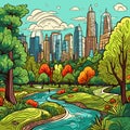 Central Park. Central Park hand-drawn comic illustration. Vector doodle style cartoon illustration