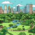 Central Park. Central Park hand-drawn comic illustration. Vector doodle style cartoon illustration