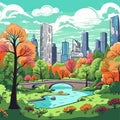 Central Park. Central Park hand-drawn comic illustration. Vector doodle style cartoon illustration