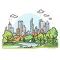 Central Park. Central Park hand-drawn comic illustration. Vector doodle style cartoon illustration