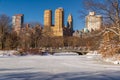 Central Park Lake and Bow Bridge in Winter, New York Royalty Free Stock Photo