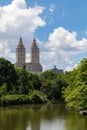 Central Park Lake with Green Trees during Summer with a view of the Upper West Side in New York City Royalty Free Stock Photo