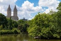 Central Park Lake with Green Trees during Summer with a view of the Upper West Side in New York City Royalty Free Stock Photo