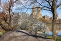 Central Park Lake with Yoshino Cherry Trees in Spring, NYC Royalty Free Stock Photo