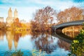 Central Park pond and Bow bridge in winter. New York. USA Royalty Free Stock Photo