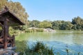 Central Park pond view and wooden canopy in New York Royalty Free Stock Photo