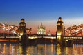 Central part of Bolsheokhtinsky bridge on the Neva river overlooking the Smolny Cathedral during the white nights. Saint Petersbur Royalty Free Stock Photo