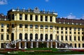 the central part of Schonbrunn Palace. Baroque exterior. arched windows, decorative stairs and terrace. lush green garden