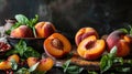 A central peach cut open on a chef's table, showing off its juicy interior for dessert. Peach fuzz color Royalty Free Stock Photo