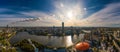 The central pond of the city. A view of skyscrapers. Sunset. Aerial view drone . Yekaterinburg, Russia Royalty Free Stock Photo
