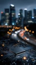 Central Processing Unit Chip on Circuit Board with Abstract City Skyline Royalty Free Stock Photo
