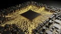 Central Processing Unit on a Circuit Board with Glowing Golden Traces Royalty Free Stock Photo