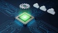 Central processing unit with clouds and gears isolated on white background Royalty Free Stock Photo