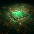 A central processing unit (CPU) embedded on a circuit board, illuminated in a vibrant Royalty Free Stock Photo