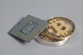 Central processing unit CPU microchip with Bitcoins Royalty Free Stock Photo
