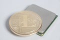 Central processing unit CPU microchip with golden Litecoin