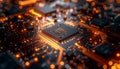 Closeup of central processing unit on circuit board with orange glowing connections Royalty Free Stock Photo