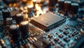 Closeup of central processing unit on computer motherboard with capacitors and circuitry Royalty Free Stock Photo