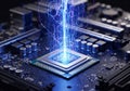 Close-up of a CPU on a motherboard emitting a bright, glowing column of data flow threads Royalty Free Stock Photo