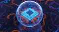 Central processing unit glowing inside a transparent sphere on a circuit board background Royalty Free Stock Photo