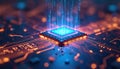 Central processing unit glows blue with digital data streams. Computer chip on circuit board with orange light. Futuristic tech Royalty Free Stock Photo