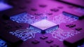 Close up view of a glowing digital microchip on a futuristic circuit board processing complex data streams under vibrant neon Royalty Free Stock Photo