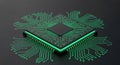 Central processing unit with glowing green circuit board connections on black processor Royalty Free Stock Photo