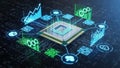 Central processing unit surrounded by interconnected data visualizations Royalty Free Stock Photo