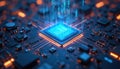 Central processor chip on electronic board with glowing data streams. Digital technology, computer science, data processing, Royalty Free Stock Photo