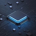 Central processor chip with glowing blue light on dark circuit board computer chip Royalty Free Stock Photo