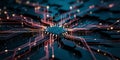 Central processor chip with radiating glowing red circuit board lines technology Royalty Free Stock Photo