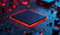 Central processor glows with red light on computer circuit board. Cpu microchip sits on motherboard with electronic components. Royalty Free Stock Photo