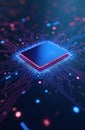 Central processor microchip on glowing circuit board with digital data streams. Futuristic technology concept for AI and machine Royalty Free Stock Photo