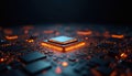 Central processor unit chip glows orange on futuristic circuit board. Electronic components and microchips create complex network Royalty Free Stock Photo