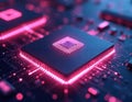 Central processor unit on circuit board glows with neon pink energy. Futuristic technology and complex data flow visualized on Royalty Free Stock Photo