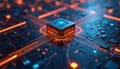 Central processor unit glows blue on dark circuit board. Digital data flows through bright orange lines connecting microchips. Royalty Free Stock Photo