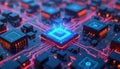 Central processor unit lights up. Circuits glow with blue energy. Computer chip on motherboard with data flow. Advanced tech Royalty Free Stock Photo