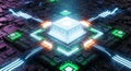 Central Quantum Computing Core with Luminous Data Traces on Integrated Circuit Royalty Free Stock Photo