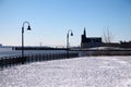 The Central Railroad of New Jersey Terminal and Verrazzano bridge with the snow