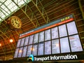 Central Railway Station at the transport information center which is showing timetable on the screen. Royalty Free Stock Photo