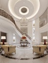 The central round foyer in the interior is classic in style with a spiral staircase and wrought iron railings and a seating area Royalty Free Stock Photo