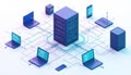 Central server connects laptops smartphones and mini servers via network lines. Digital data flows through abstract cyberspace Royalty Free Stock Photo