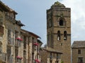 Central square and church tower. Village of AÃÂ­nsa. Medieval art. Spain.